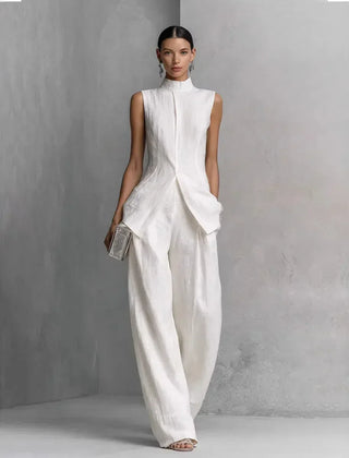 Women's Two Piece Set | Sleeveless High Neck Button Closure