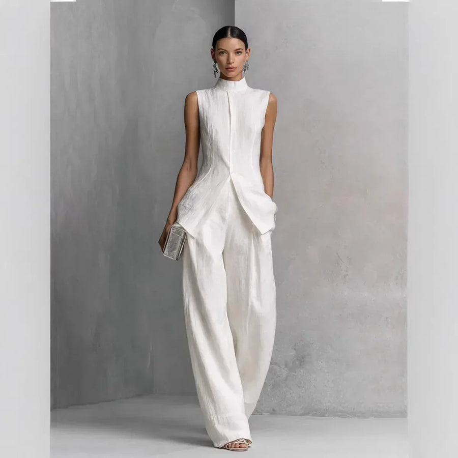 Women's Two Piece Set | Sleeveless High Neck Button Closure