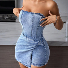 Women's Denim Dress | Strapless Tube Neckline Wrap Front Asymmetric