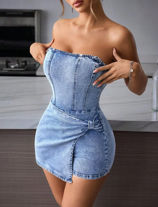 Women's Denim Dress | Strapless Tube Neckline Wrap Front Asymmetric