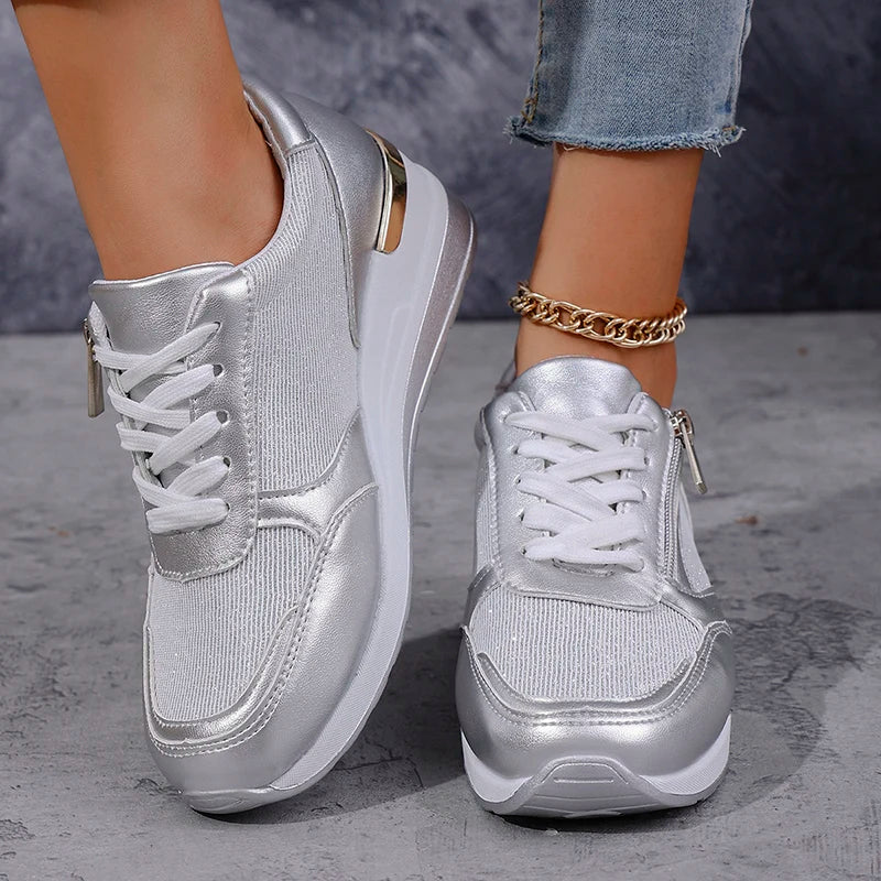 Women's Platform Sneakers | Metallic Upper Lace Closure Zipper