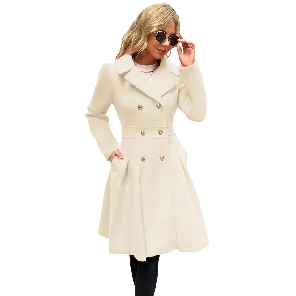 Women's Wool Coat | Double Breasted Notched Lapel A-Line Midi