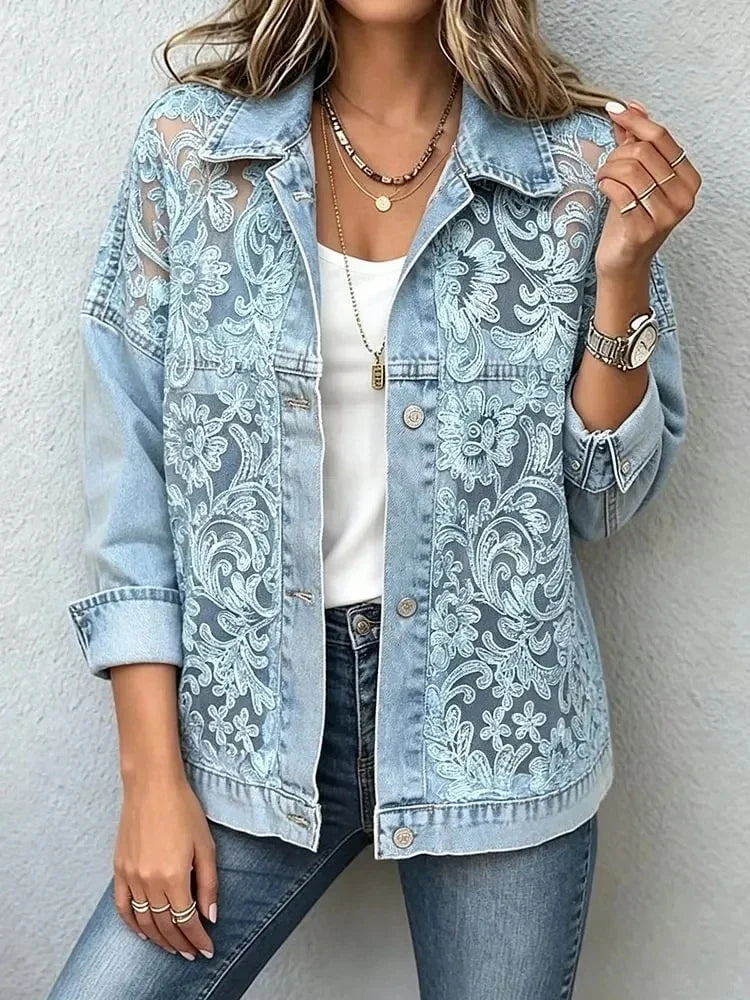 Women's Denim Jacket | Lace Overlay Lapel Collar Button Front