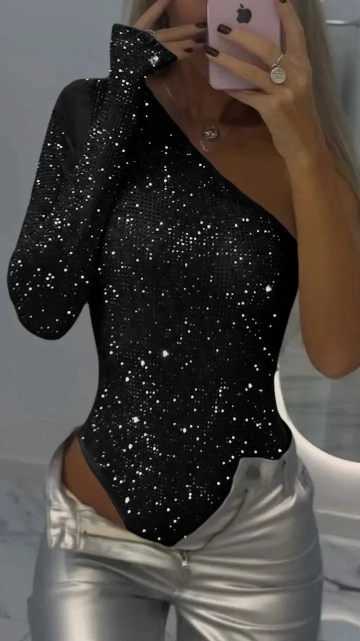 Women's Sequin Top | One Shoulder Long Sleeve Fitted