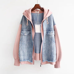 Women's Denim Jacket | Hooded Zip Closure Color Block Hybrid