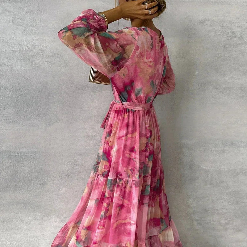 Women's Wedding Guest Dress | Maxi Length V-Neck Floral Print Long Sleeve
