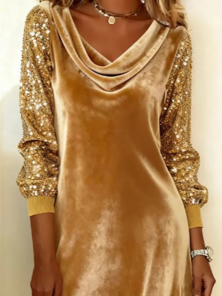 Women's Sequin Dress | Cowl Neckline Sequin Sleeves Velvet Mini