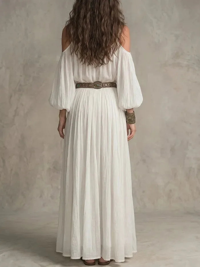Women's White Dress | Maxi Cold Shoulder Puff Sleeve
