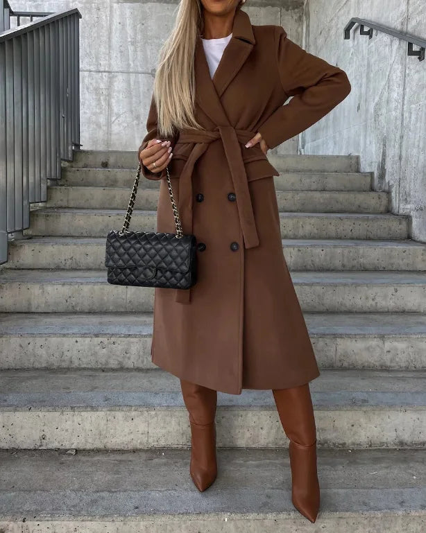 Women's Long Winter Coat | Lapel Collar Button Front Midi Length