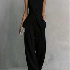 Women's Two Piece Set | Sleeveless High Neck Button Closure