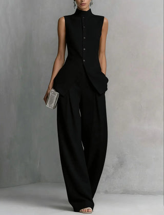 Women's Two Piece Set | Sleeveless High Neck Button Closure