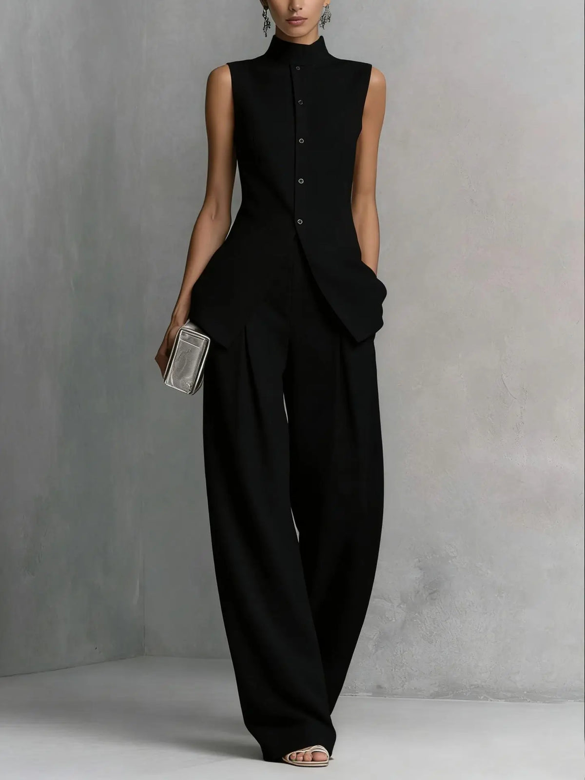 Women's Two Piece Set | Sleeveless High Neck Button Closure