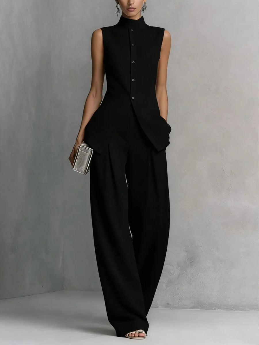 Women's Two Piece Set | Sleeveless High Neck Button Closure