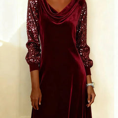 Women's Sequin Dress | Cowl Neckline Sequin Sleeves Velvet Mini