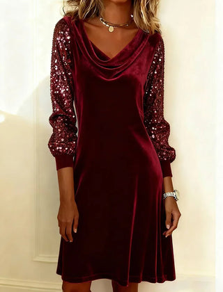 Women's Sequin Dress | Cowl Neckline Sequin Sleeves Velvet Mini