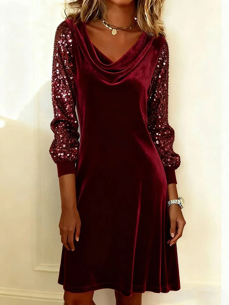 Women's Sequin Dress | Cowl Neckline Sequin Sleeves Velvet Mini