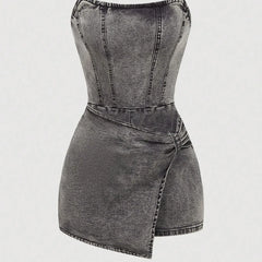 Women's Denim Dress | Strapless Tube Neckline Wrap Front Asymmetric