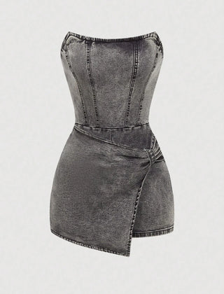 Women's Denim Dress | Strapless Tube Neckline Wrap Front Asymmetric