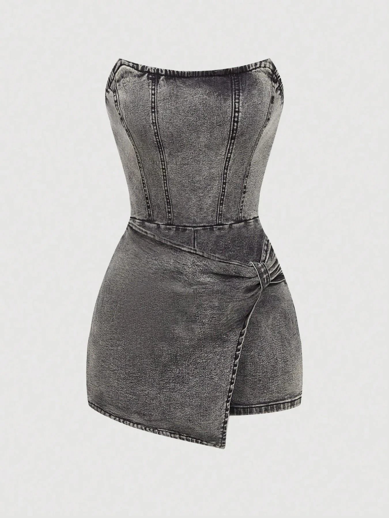 Women's Denim Dress | Strapless Tube Neckline Wrap Front Asymmetric