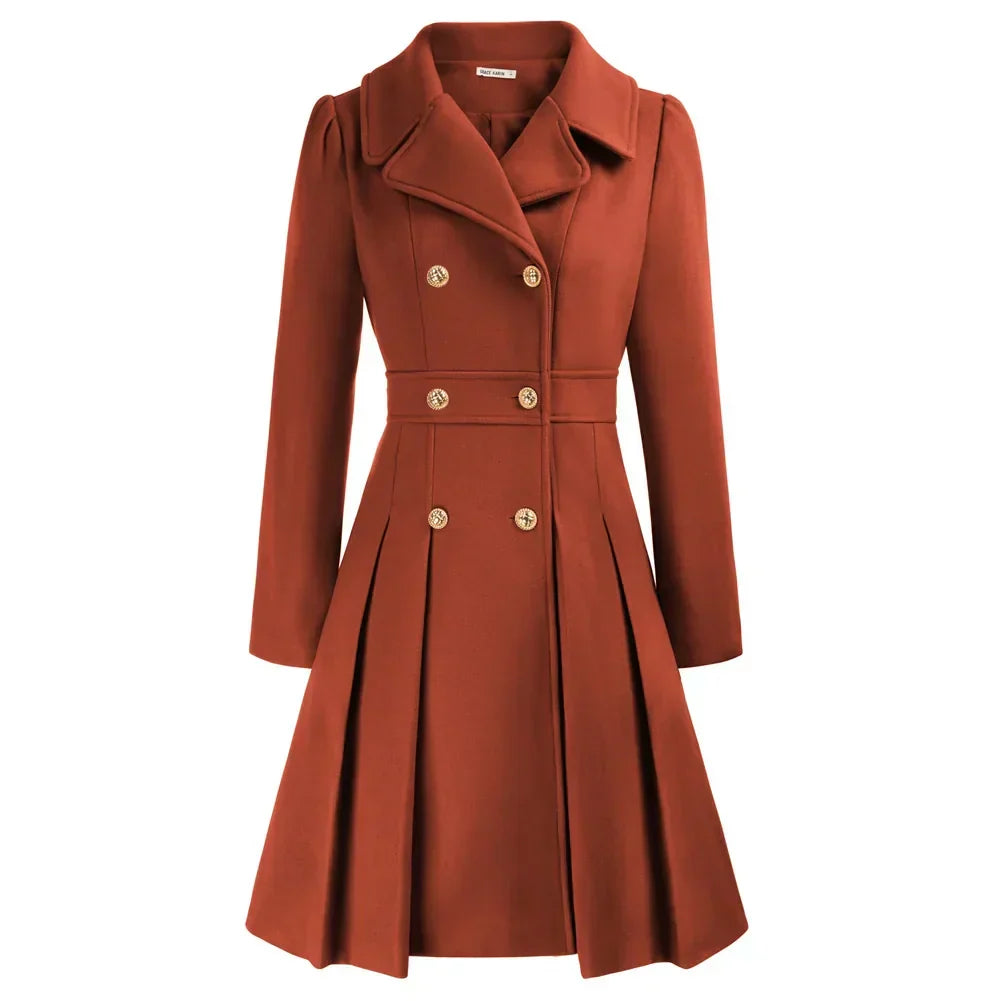 Women's Wool Coat | Double Breasted Notched Lapel A-Line Midi