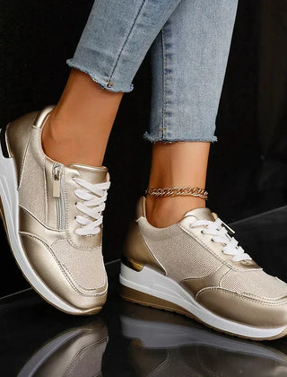 Women's Platform Sneakers | Metallic Upper Lace Closure Zipper