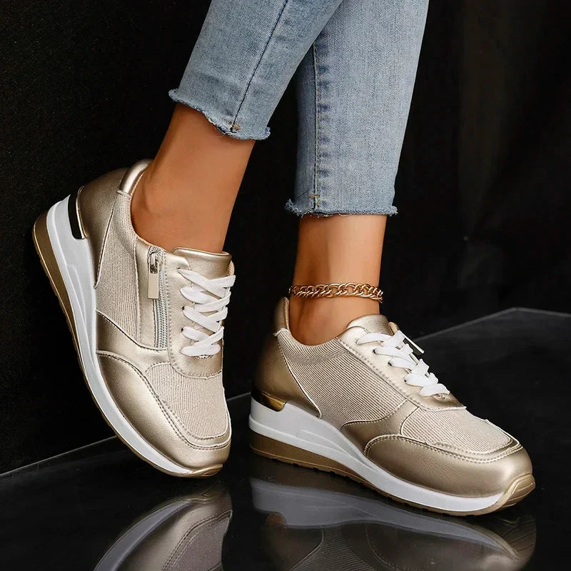 Women's Platform Sneakers | Metallic Upper Lace Closure Zipper