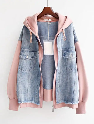 Women's Denim Jacket | Hooded Zip Closure Color Block Hybrid