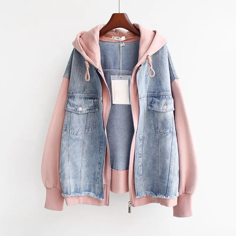 Women's Denim Jacket | Hooded Zip Closure Color Block Hybrid