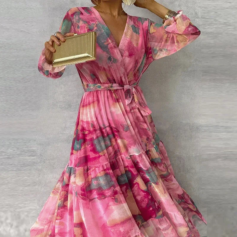 Women's Wedding Guest Dress | Maxi Length V-Neck Floral Print Long Sleeve