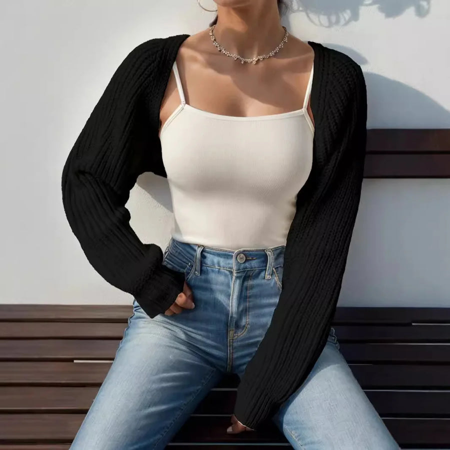 Women's Cropped Sweater | Raglan Sleeve Open Front Ribbed Knit