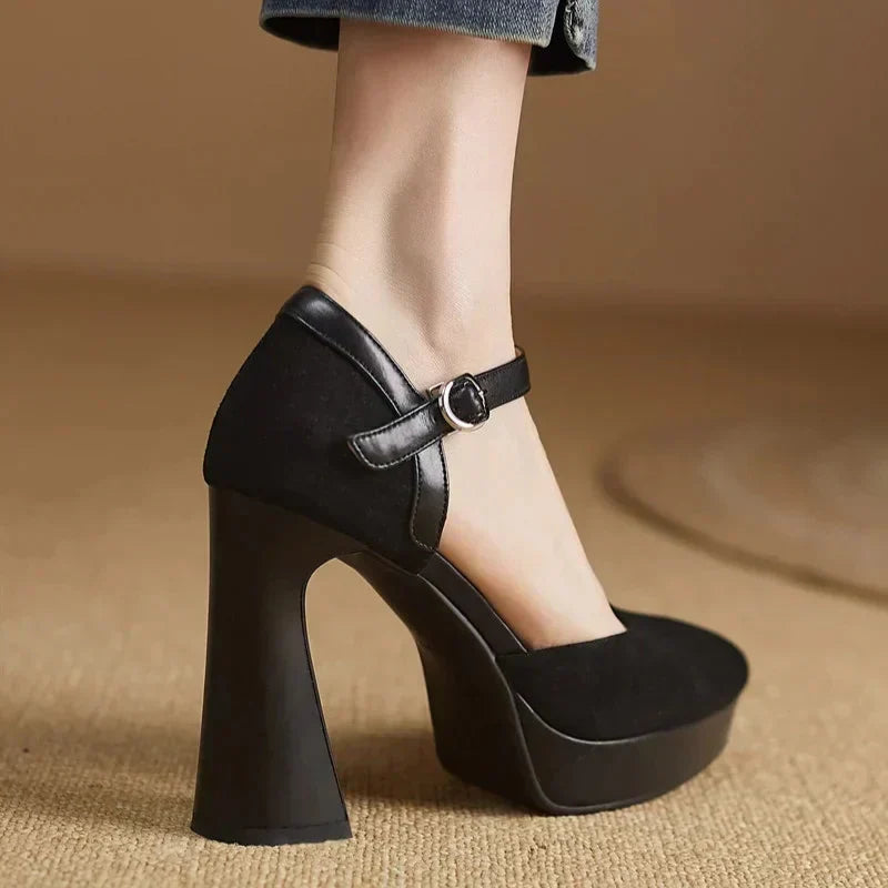 Women's Platform Heels | Rounded Toe Ankle Strap Buckle Block Heel
