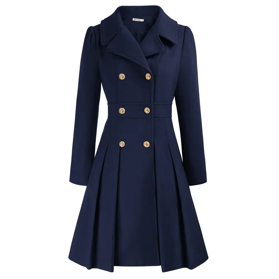 Women's Wool Coat | Double Breasted Notched Lapel A-Line Midi