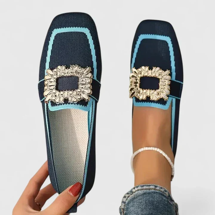 Women's Flats | Square Toe Jeweled Buckle Knit