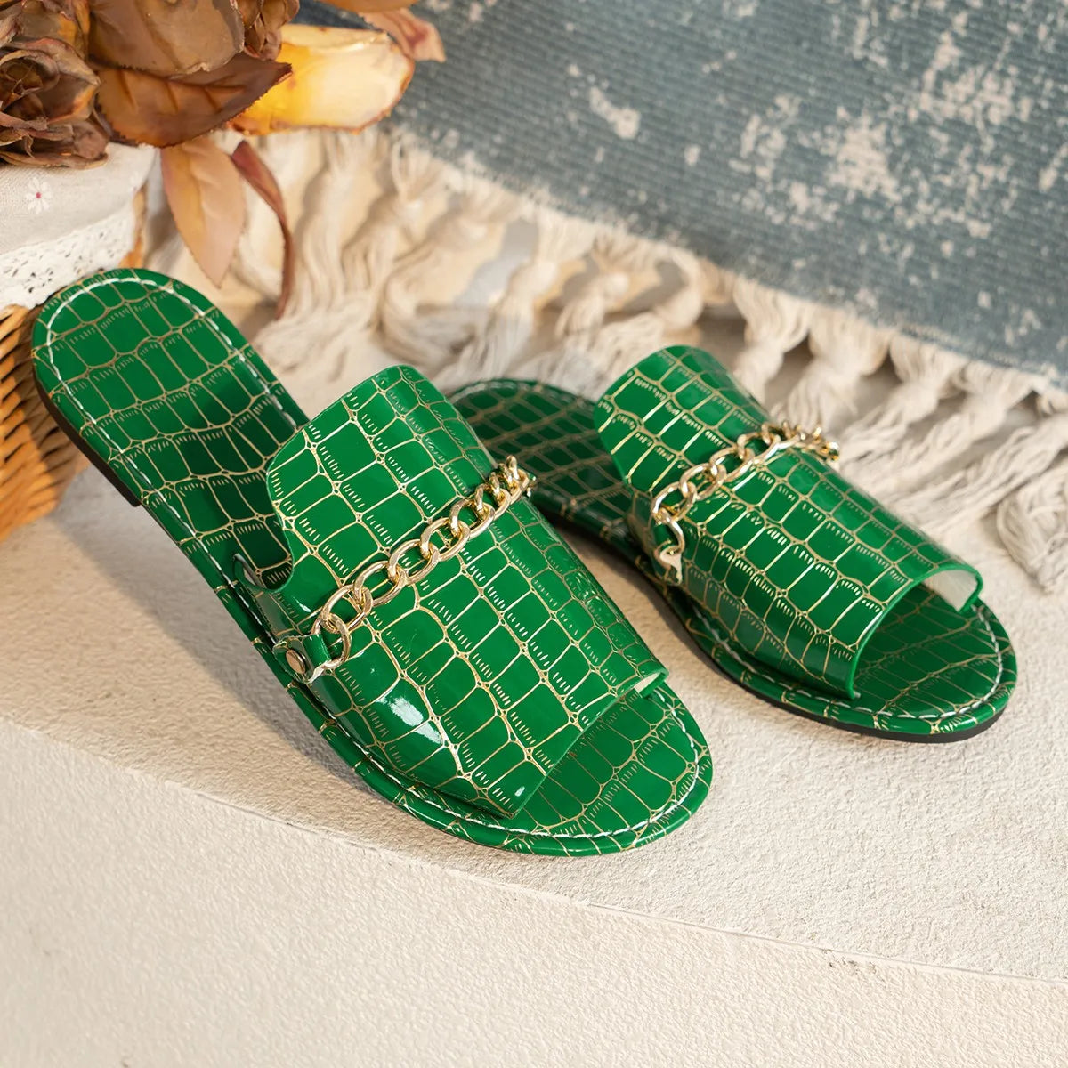 Women's Flip Flop | Open Toe Chain Detail Croc Print Sole