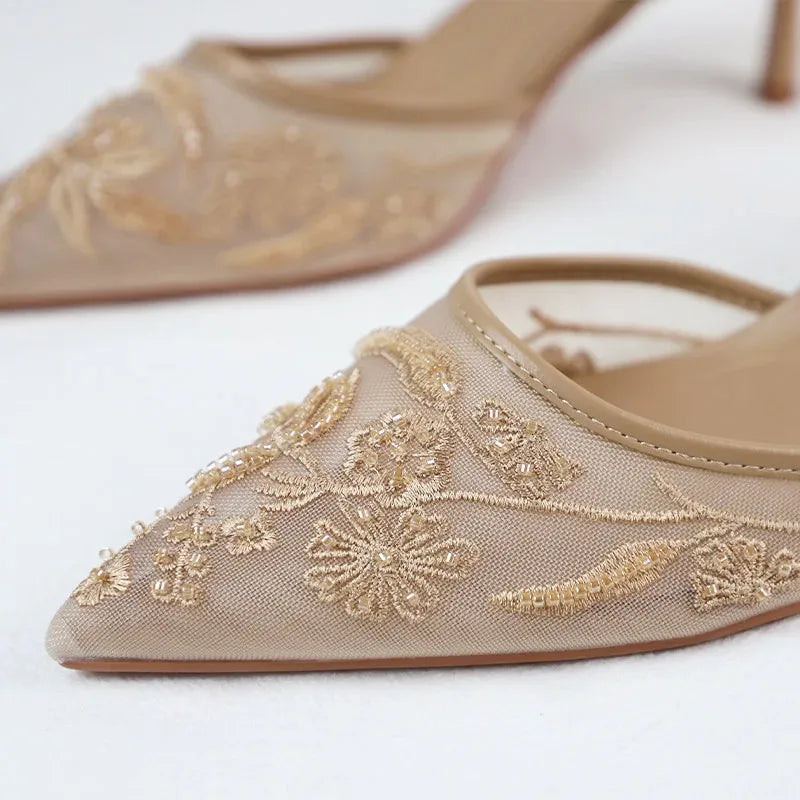 Women's Kitten Heels | Pointed Toe Slingback Embroidered Mesh