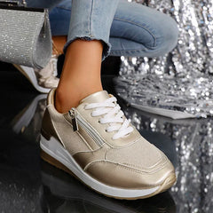 Women's Platform Sneakers | Metallic Upper Lace Closure Zipper