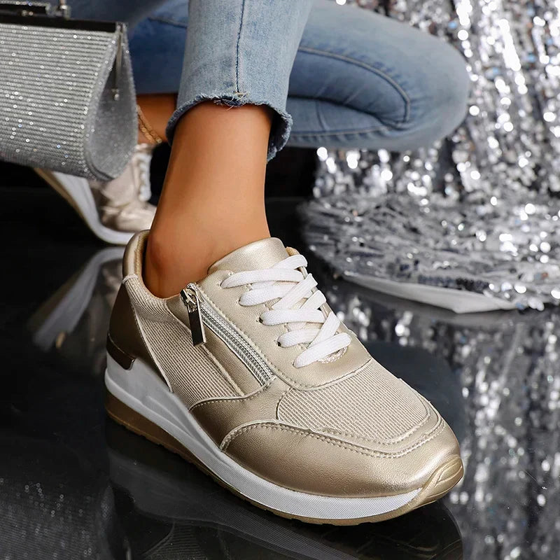 Women's Platform Sneakers | Metallic Upper Lace Closure Zipper