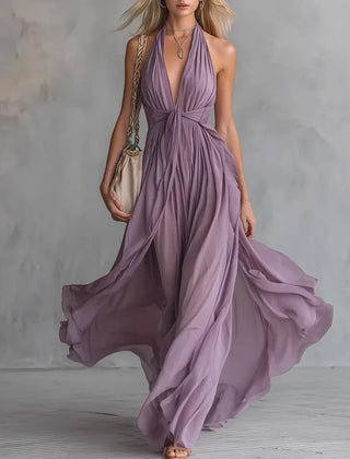 Women's Cocktail Dress | Maxi Halter Neckline Pleated Open Back