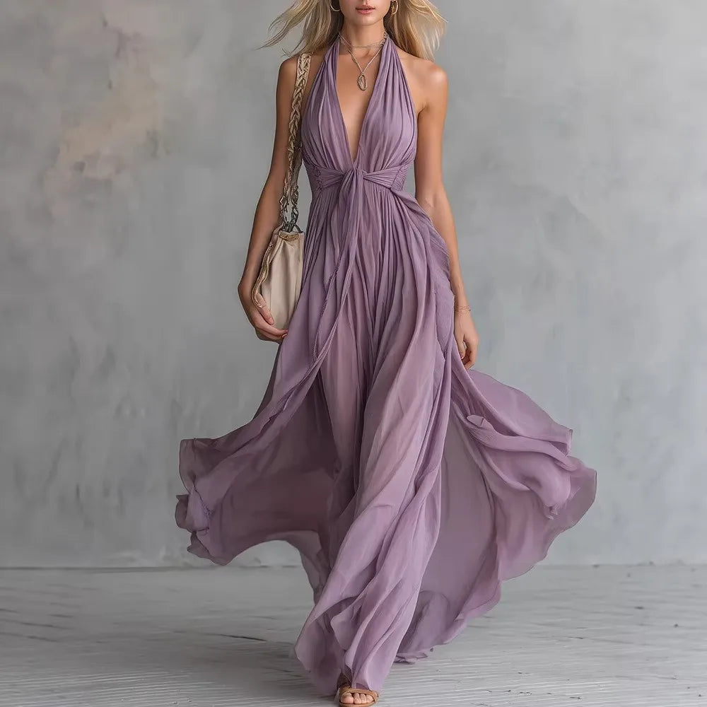 Women's Cocktail Dress | Maxi Halter Neckline Pleated Open Back