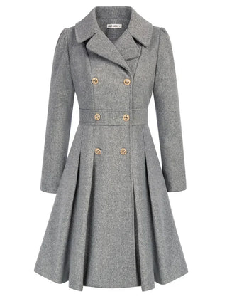 Women's Wool Coat | Double Breasted Notched Lapel A-Line Midi