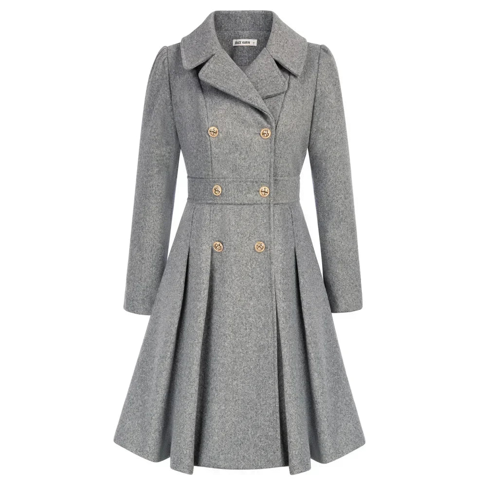 Women's Wool Coat | Double Breasted Notched Lapel A-Line Midi