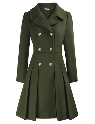 Women's Wool Coat | Double Breasted Notched Lapel A-Line Midi
