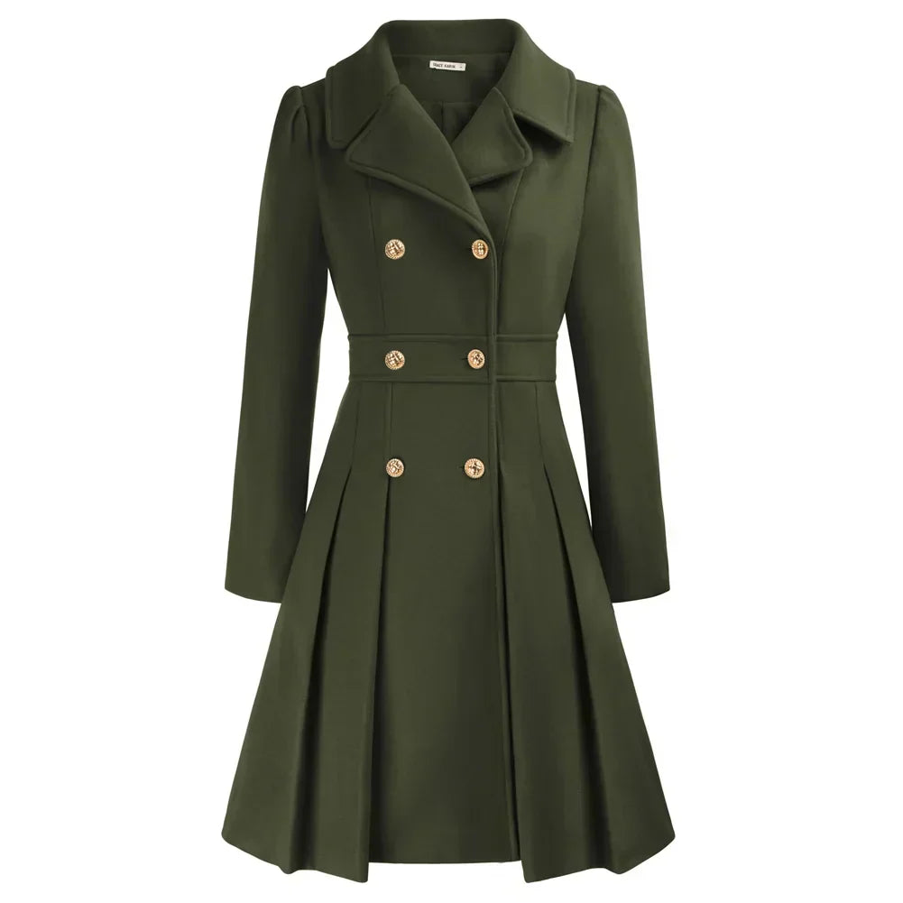 Women's Wool Coat | Double Breasted Notched Lapel A-Line Midi