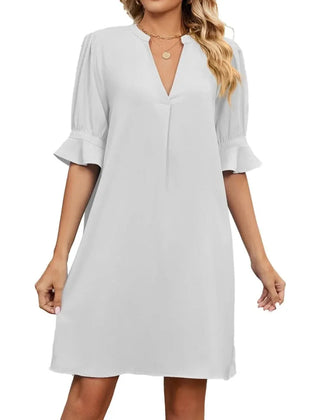 Women's Smart Dress | V Neck Midi Puffed Sleeve
