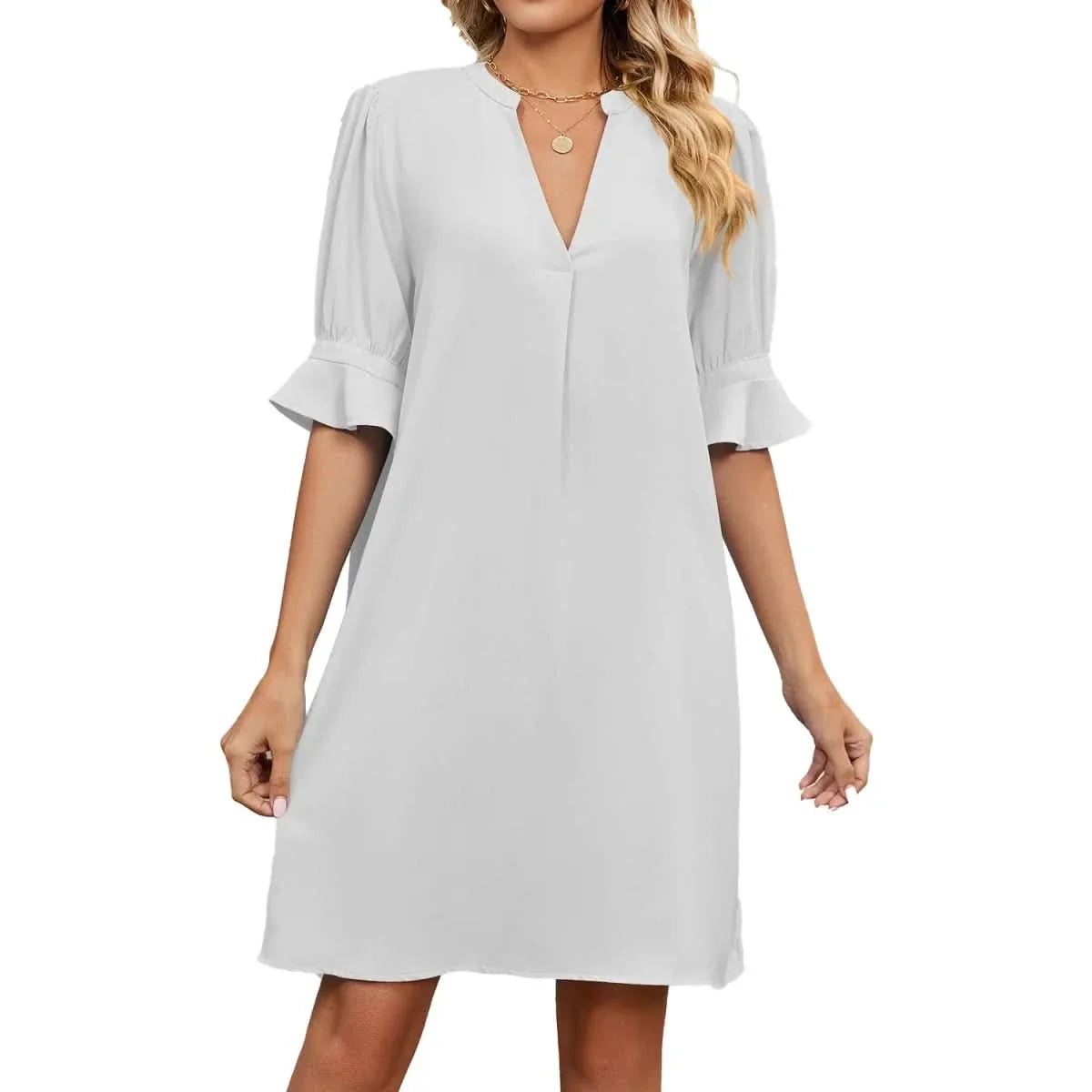Women's Smart Dress | V Neck Midi Puffed Sleeve