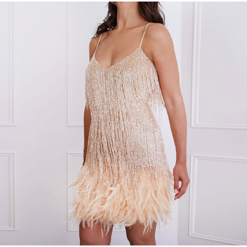 Women's Cocktail Dress | V-Neck Spaghetti Strap Mini Feather