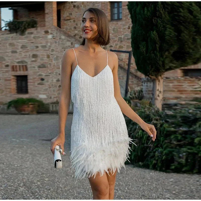 Women's Cocktail Dress | V-Neck Spaghetti Strap Mini Feather