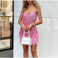 Women's Cocktail Dress | V-Neck Spaghetti Strap Mini Feather
