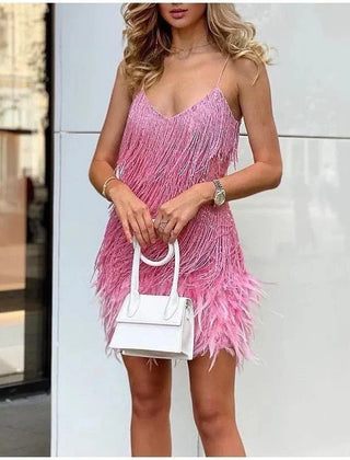 Women's Cocktail Dress | V-Neck Spaghetti Strap Mini Feather