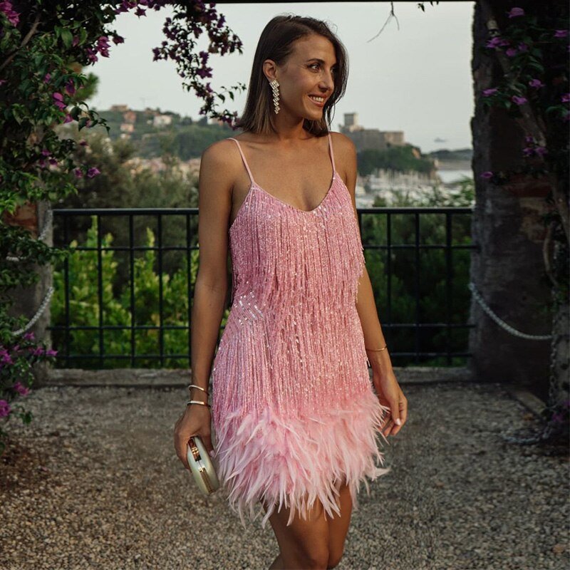 Women's Cocktail Dress | V-Neck Spaghetti Strap Mini Feather